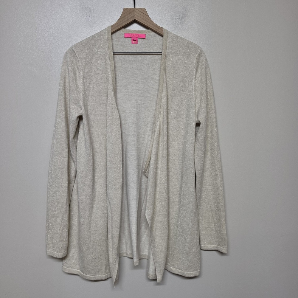 Lilly Pulitzer Gold Metallic Long Cardigan Sweater Drapey Open Front Medium